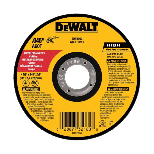 DEWALT DISCO CORTE METAL FINO 4.1/2X0.045 DW8062