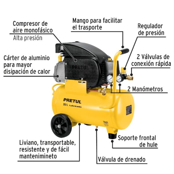 PRETUL KIT COMPRESOR DE AIRE 20L. 2-1/2HP. MANGUERA Y PISTOLA - Image 2
